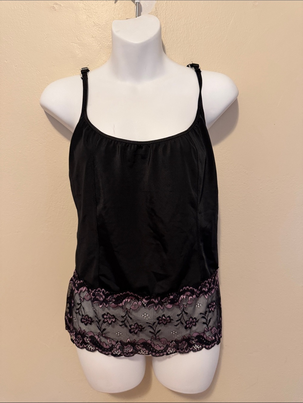 Delta Burke Black Camisole with Pink Lace Trim